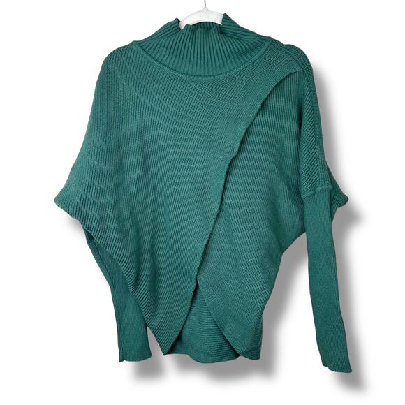 Elan Keegan Green Cable Knit Ribbed Criss-Cross Front High Neck Relaxed Sweater - Picture 5 of 9